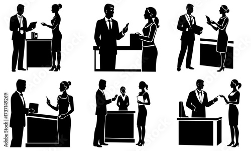 Silhouetted business people interacting in various office settings and poses