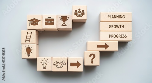 Wooden Blocks Depicting Planning, Growth, and Progress with Symb