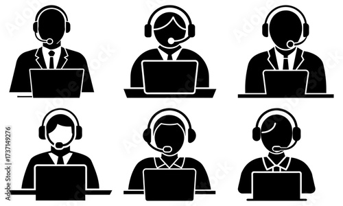 Illustration of six customer service representatives with headsets and laptops