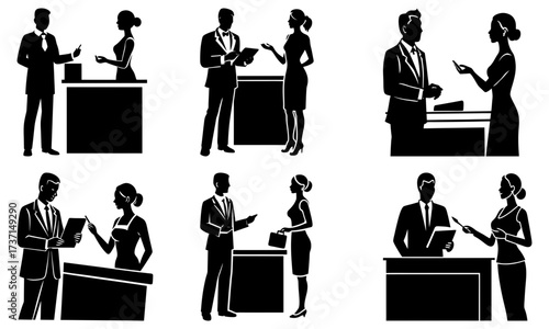 Silhouettes of business professionals interacting in various office settings shown