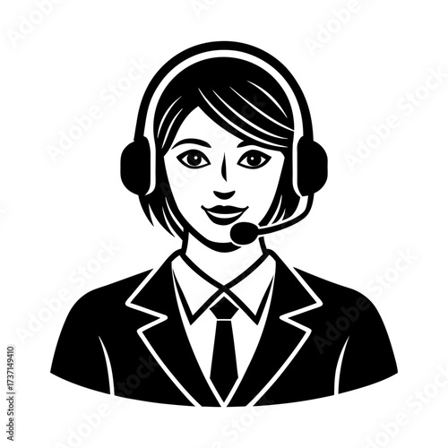 Illustration of a woman with headset in business attire in black and white