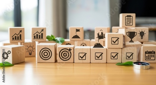 Wooden Blocks Displaying Business Strategy Icons on a Wooden Tab