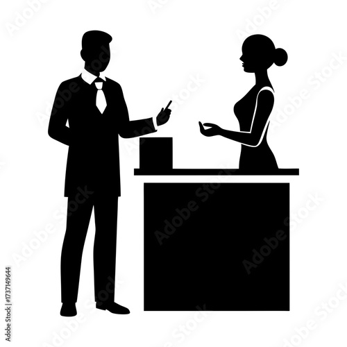 Silhouette of a man in suit and woman at a counter in black and white vector