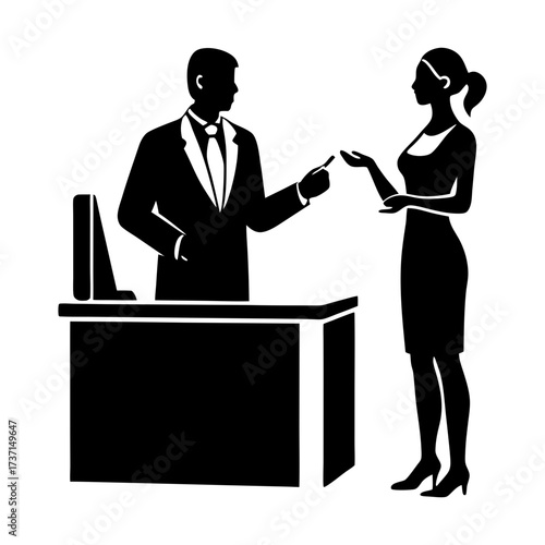 Silhouette of a man in suit handing something to a woman at a reception desk area