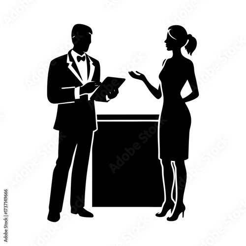 Silhouette of a man in a suit taking notes and a woman gesturing in conversation