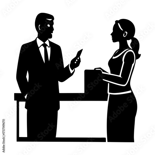 Silhouette of a man in a suit holding a phone talking to a woman at a counter