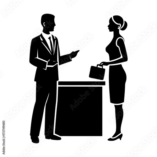 Silhouette of a man in suit talking to a woman with briefcase by a counter top