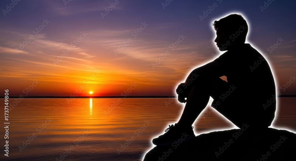 Fototapeta premium Silhouette of a person sitting by the water during sunset