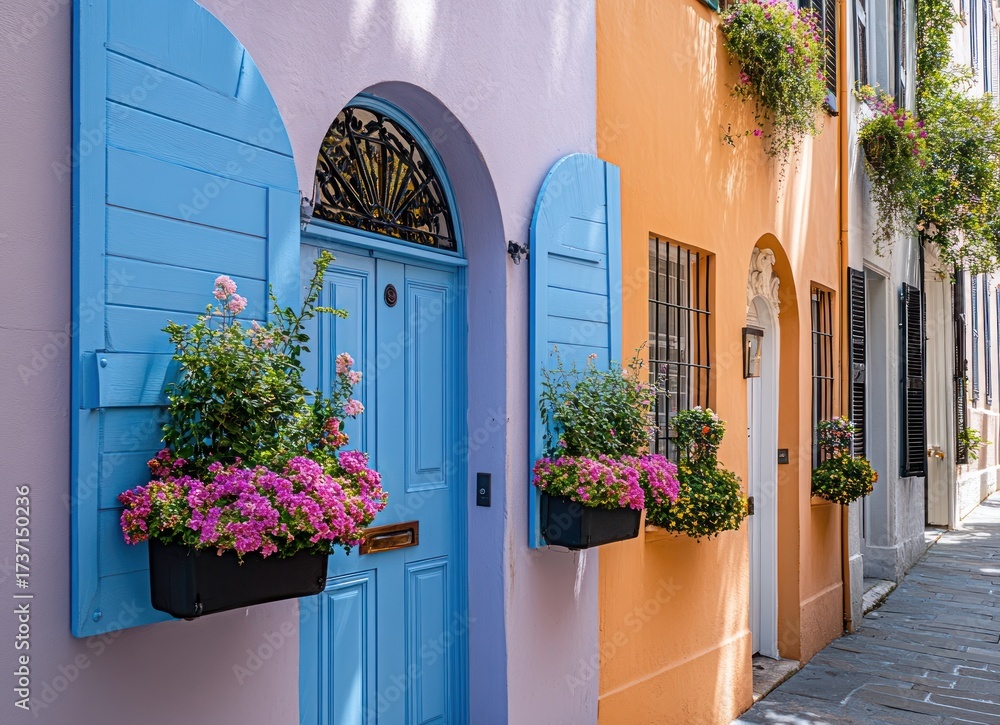 Naklejka premium Rainbow Row Homes: A vibrant streetscape in Charleston, South Carolina with colorful houses