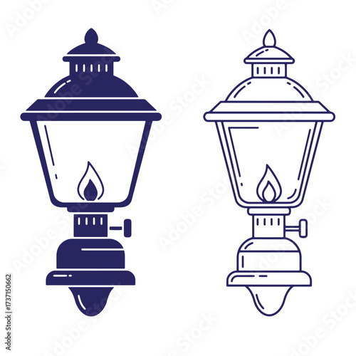 Vector illustration of two antique oil lamps with flame silhouettes in linear and filled styles