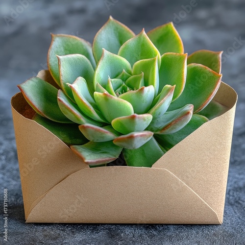 Rosette succulent in tan paper pot against dark backdrop