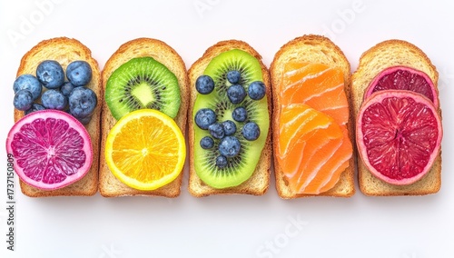 Toasts topped with fruits and salmon slices on white background