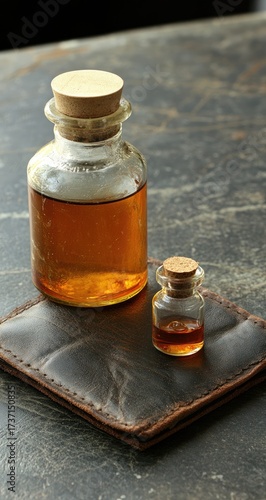 Two vintage bottles filled amber liquid on leather