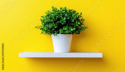 Green plant in white pot on shelf against yellow wall