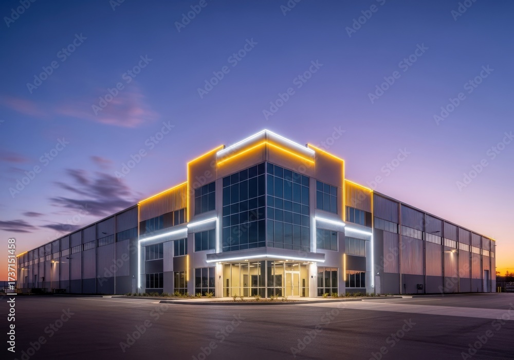 Fototapeta premium Modern industrial warehouse building lit up at dusk with dramatic sky and lighting