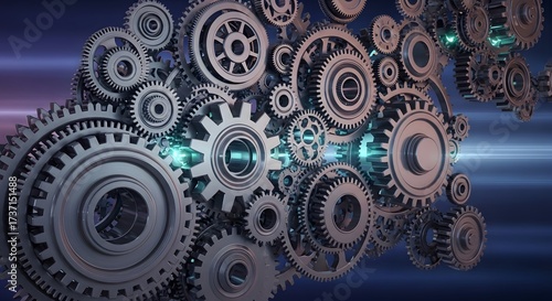 Intricate network of interlocking metallic gears and cogs moving in unison, a conceptual metaphor for industrial engineering, teamwork, and complex technological processes