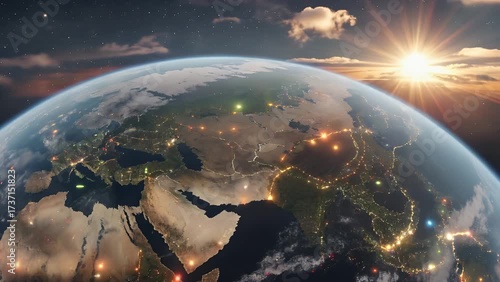 The illuminated artificial lights emanating from the vast interconnected metropolitan areas across the planetary sphere during the nighttime period, with star beginning to appear on the horizon, repr