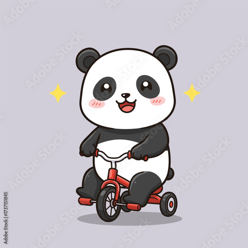 Happy panda rides red tricycle with training wheels, smiling with sparkles on purple background.