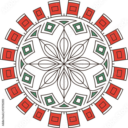 Intricate radial mandala design with geometric patterns and red accents