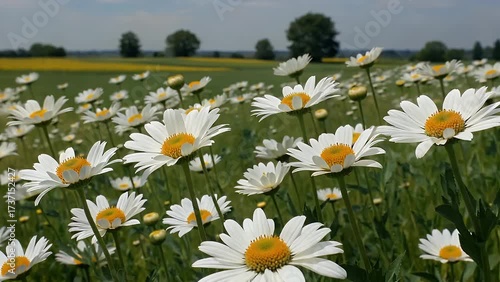 Field of Flowering German Chamomile Plants with White Petals and Yellow Centers Blooming in Meadow