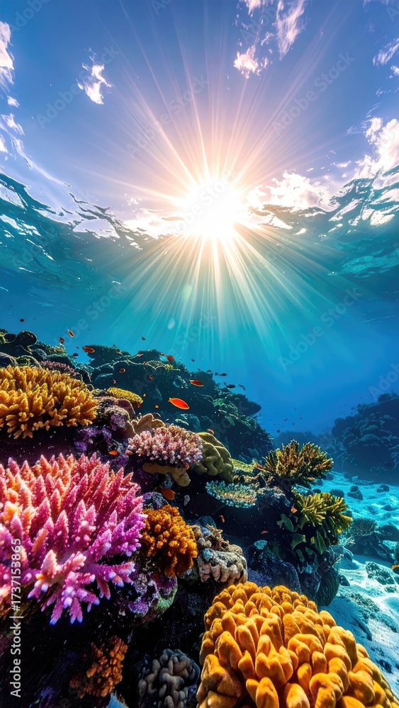 Fototapeta premium Vibrant Coral Reef Ecosystem with Sunlight Streaming Through Turquoise Water