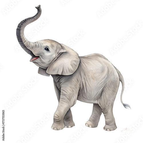 Illustration of a baby elephant isolated on transparent background, trunk up