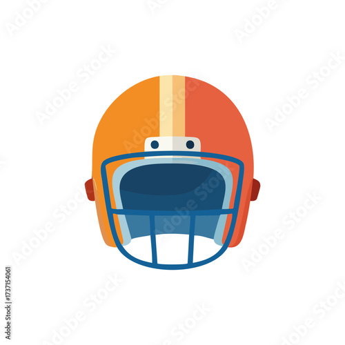 An isolated vector illustration of an orange American football helmet with a blue facemask and a white stripe.