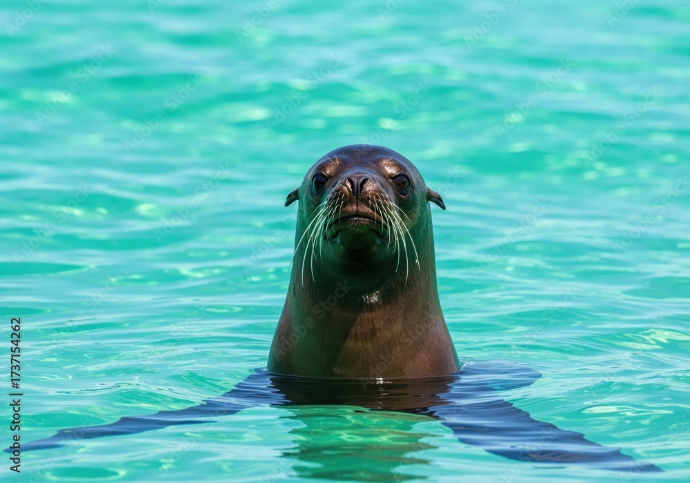 Obraz premium Sea Lion's Serenity in Azure Waters: A captivating photo showcases a sea lion floating tranquilly in shimmering turquoise water, its expressive face reflecting pure bliss and contentment.