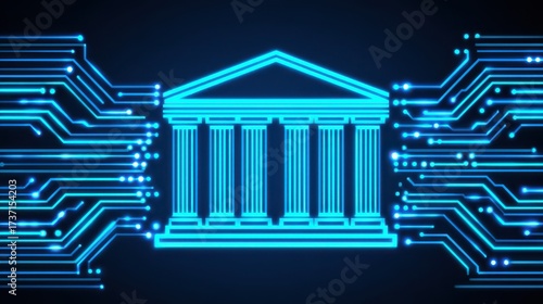 Digital Bank Icon: A neon-lit bank icon, crafted in a digital circuit style, radiates futuristic appeal and symbolic power. conveying the concept of online financial institutions.