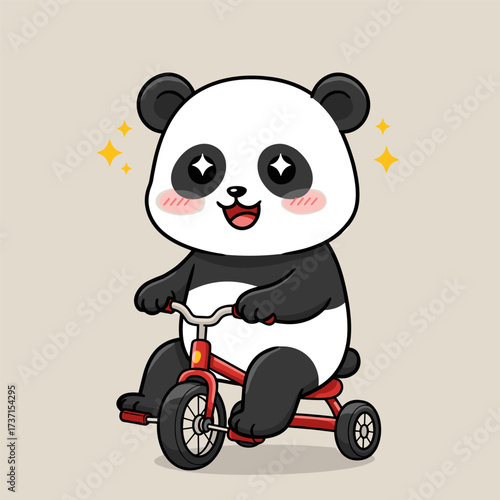 Smiling panda rides red tricycle with sparkles around its head on beige background.