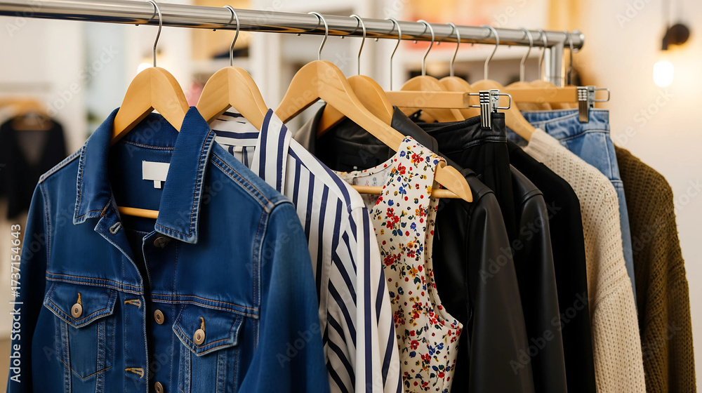 Obraz premium Clothes hanging on a rack with various styles and colors in a retail setting