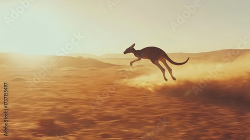 Kangaroo leaping across a dusty landscape at sunrise.