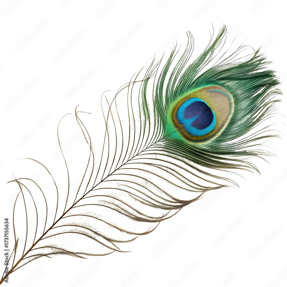 Fototapeta premium Beautiful peacock feather isolated on transparent background in close up view