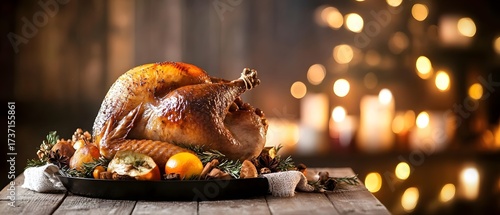 Roasted turkey, bokeh background.