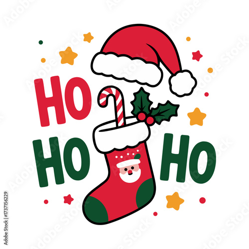 Illustration of ho ho ho text with christmas stocking and candy cane