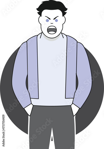 Angry man with open mouth and blue eyes shouting in a stylized illustration yelling screaming