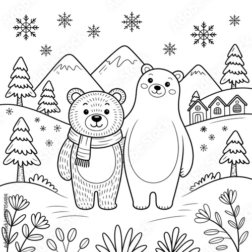 Cute Bear and Mountain Landscape Coloring Page for Kids: Nature, Forest, and Snow Scene Printable