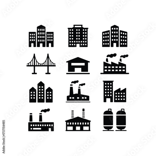 Industrial Icons A Set of Black and White Silhouettes Representing Buildings, Factories, and Structures