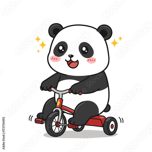 Smiling panda rides red tricycle with sparkles, cheerful on beige background.