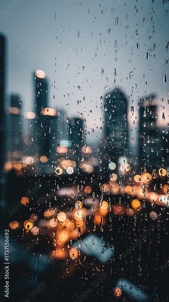 Obraz premium Rain Streaked Cityscape View From Window At Night