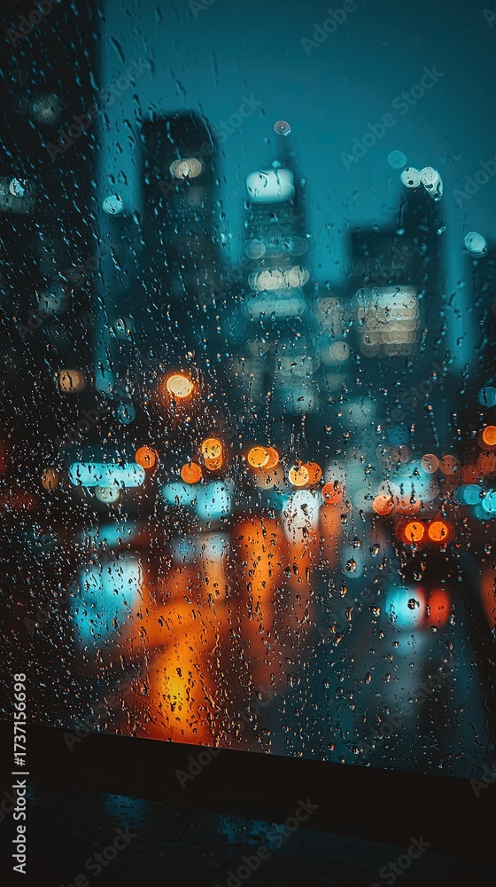Obraz premium Cityscape At Night Through Rainy Window
