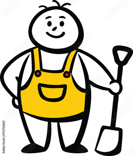 Cartoon character in yellow overalls holding a shovel with a smiling face person male