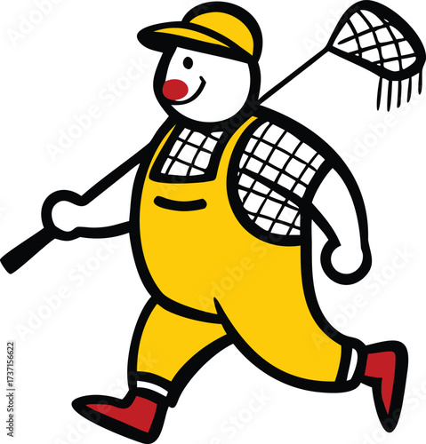 Cartoon character in yellow overalls and red boots holding a net person male