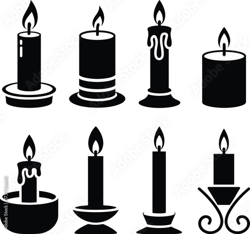 Set of various black and white candle icons on a white background, perfect for design and decoration elements