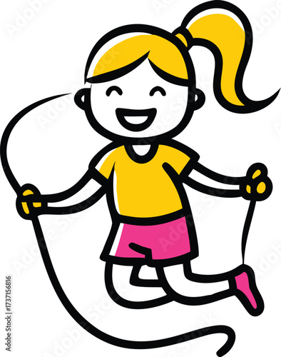 Cartoon girl with yellow shirt and pink shorts jumping rope with a smile child skipping