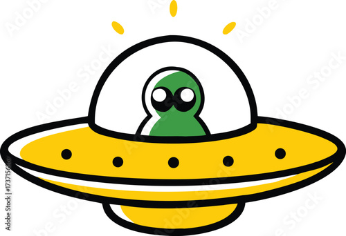 Cartoon green alien in yellow flying saucer with black outlines and yellow lights extraterrestrial space