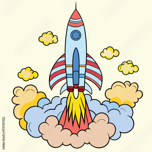 Cartoon rocket ship blasting off with colorful smoke and clouds on a light yellow background spaceship