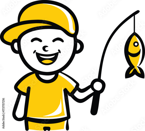 Cheerful cartoon boy wearing yellow shirt and cap holding fishing rod with yellow fish vector