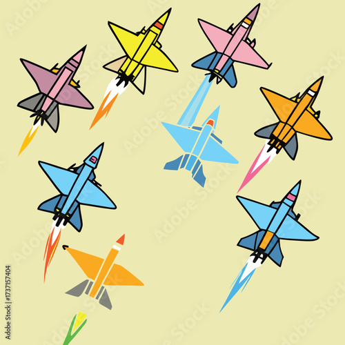 Collection of colorful cartoon fighter jets flying with exhaust trails on a pale yellow background jet fighter