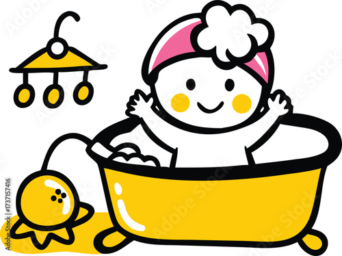 Cute cartoon baby in yellow bathtub with pink hat and rubber ducky vector
